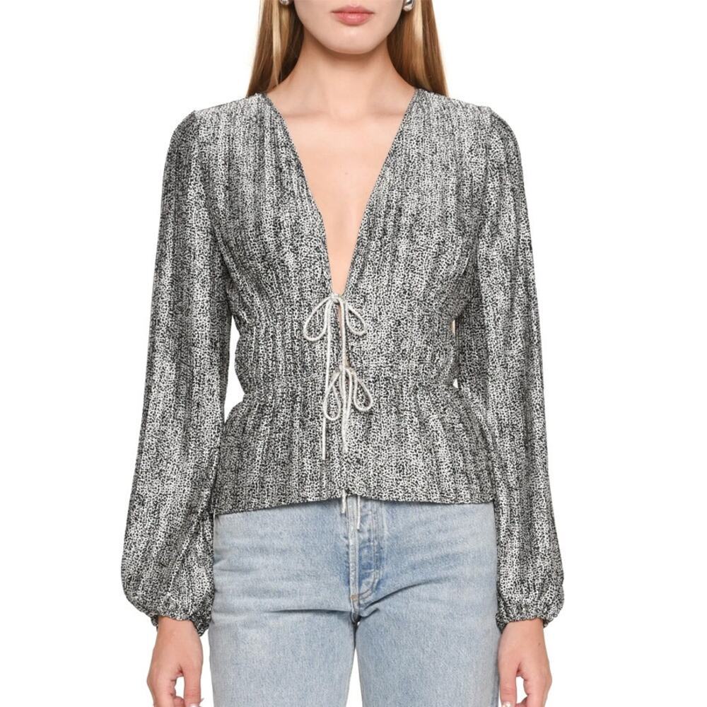WAYF Payton Plunge Neck Plissé Top Size S